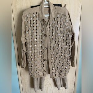 VTG Yak Magik Basketweave Rhinestone Jacket, Tank & Pant Set Natural 3 Pieces L